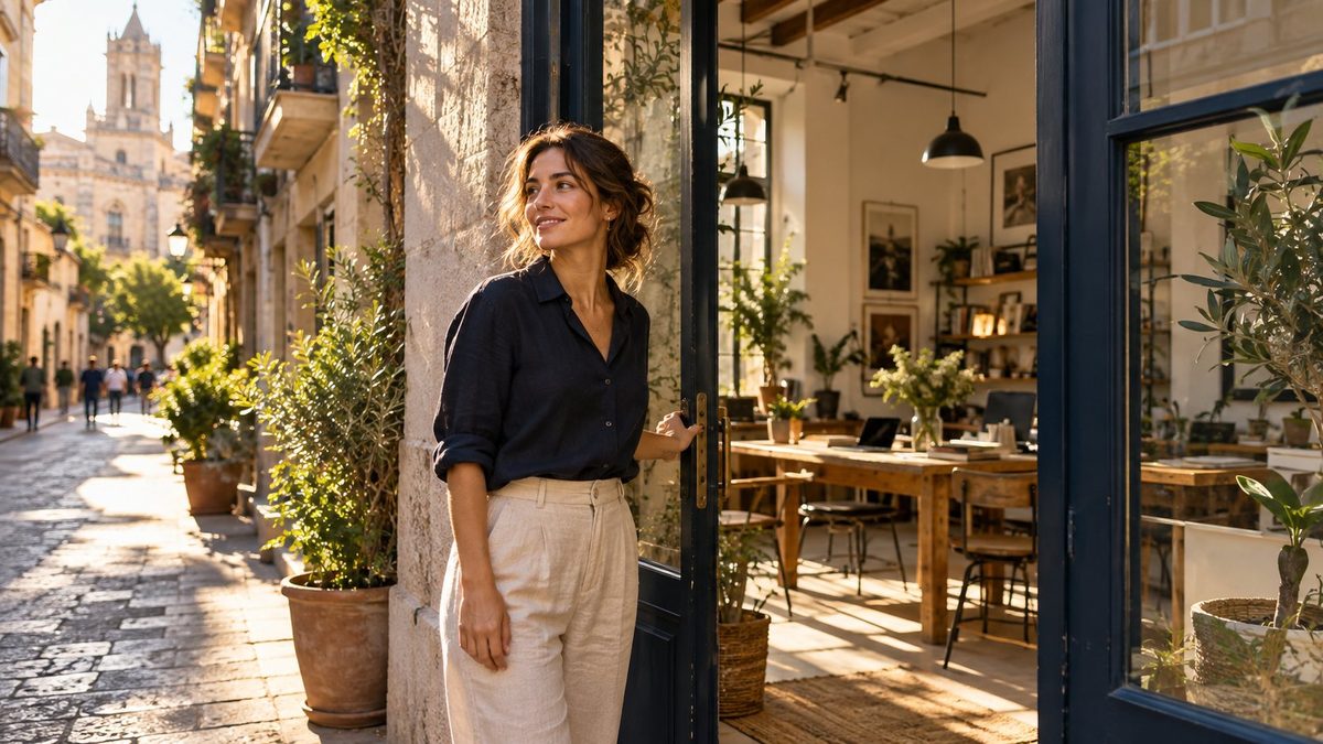Emprendedora abriendo las puertas de su negocio en un casco histórico español