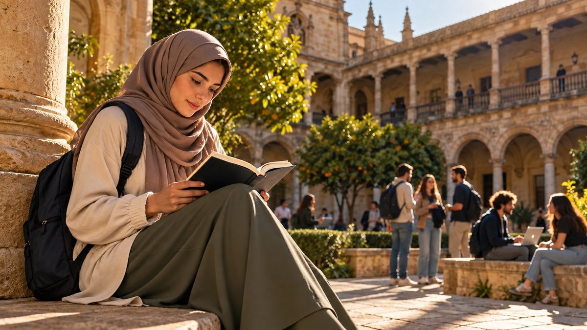 Estudiante leyendo en el claustro de una universidad española