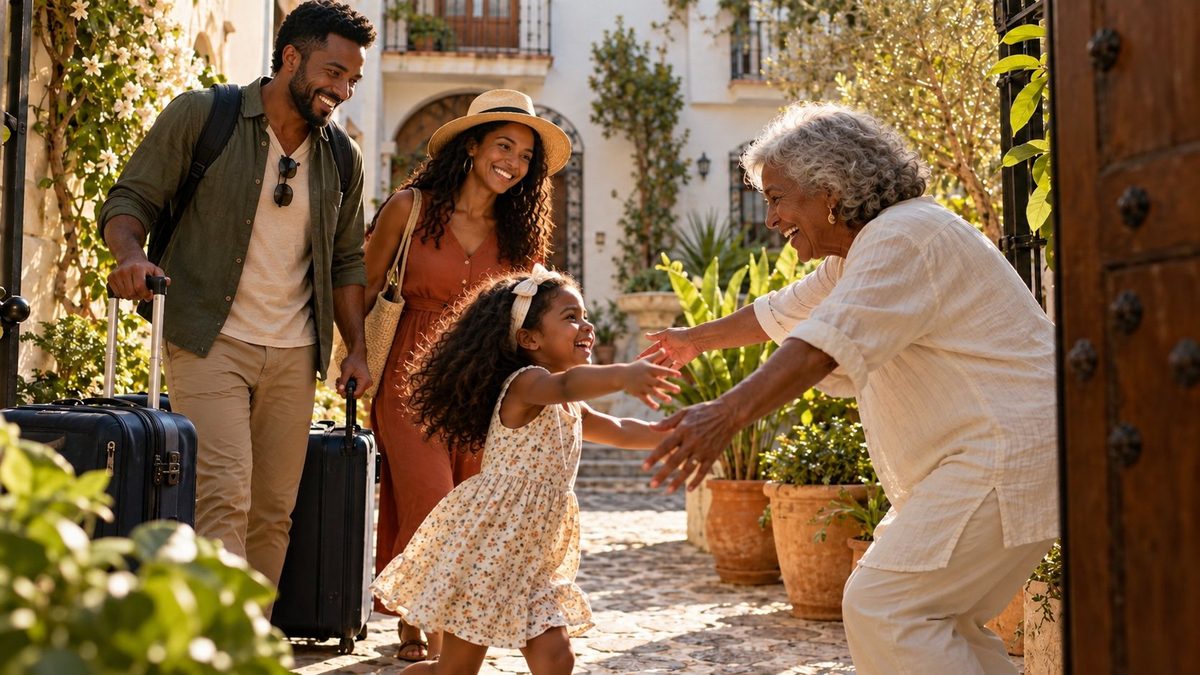 Familia con maletas siendo recibida por su abuela a la llegada a España