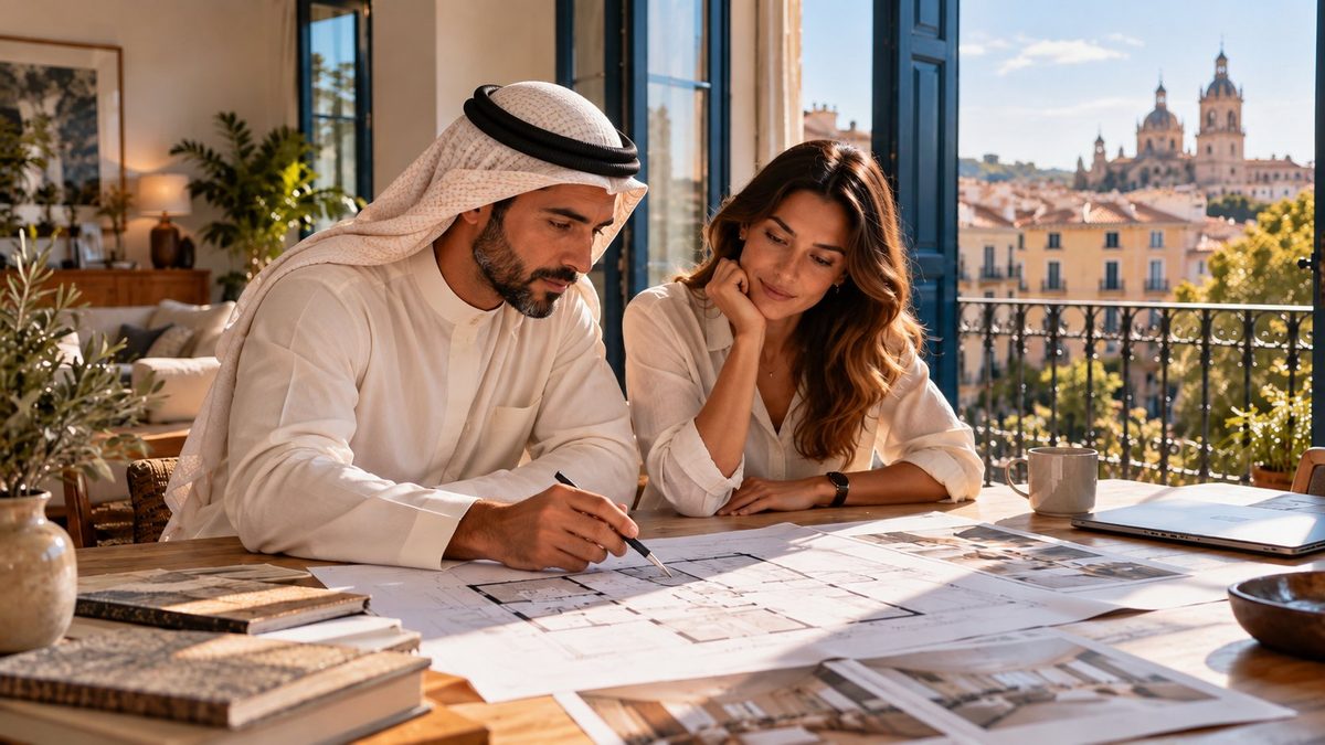 Pareja revisando planos de una inversión inmobiliaria con vistas a una ciudad española