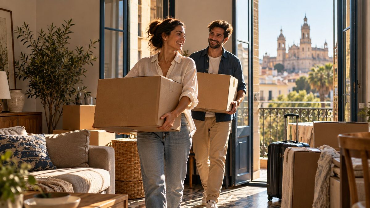 Pareja llevando cajas de mudanza a su nuevo hogar en España